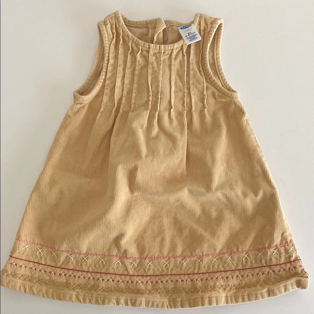 Baby Girls Old Navy Tan Pleated corduroy jumper dress embroidered 18-24 mo